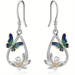 New - Teardrop Shape Butterfly and Flower Hook Dangle Earrings